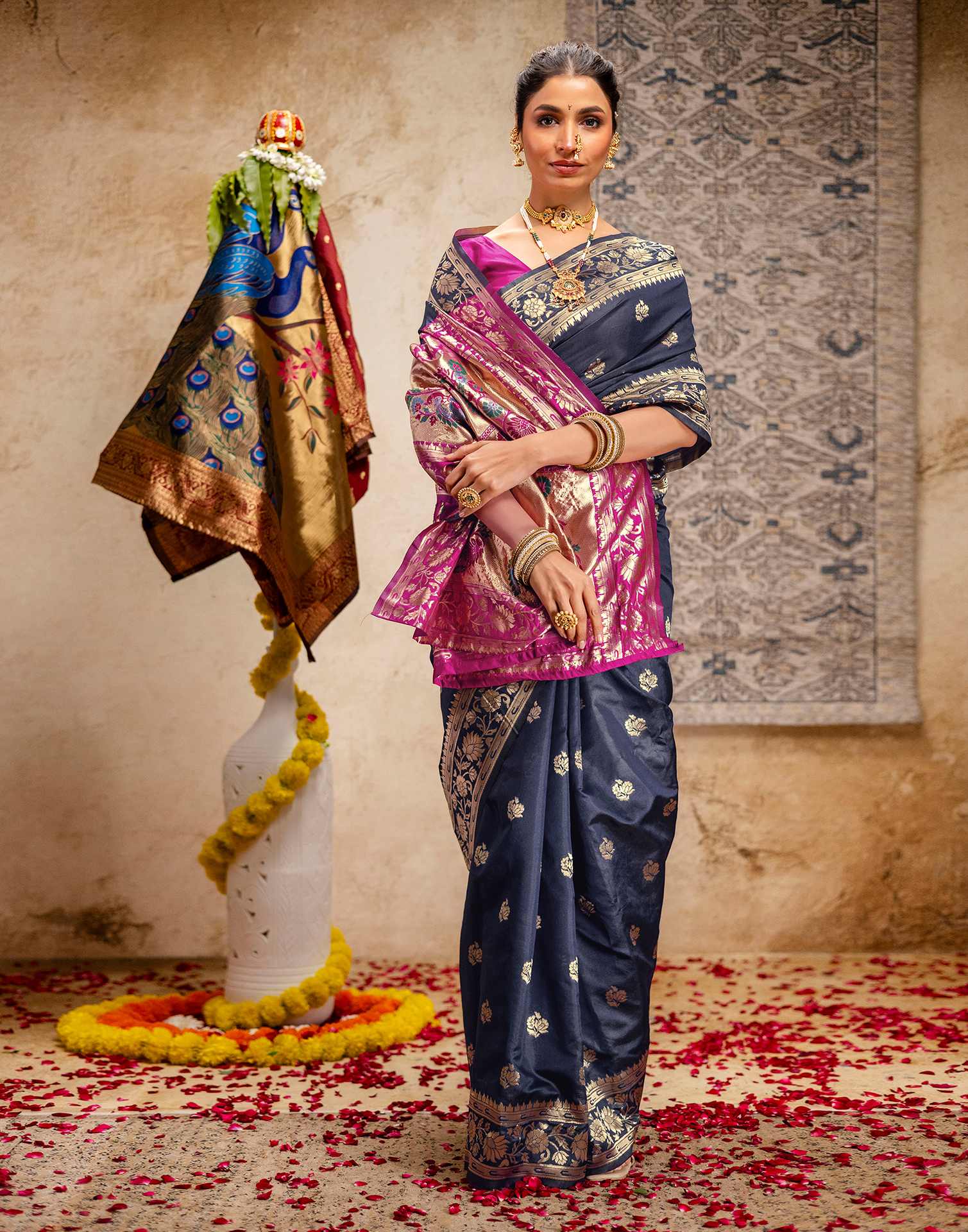 Navy Blue Silk Woven Paithani Saree