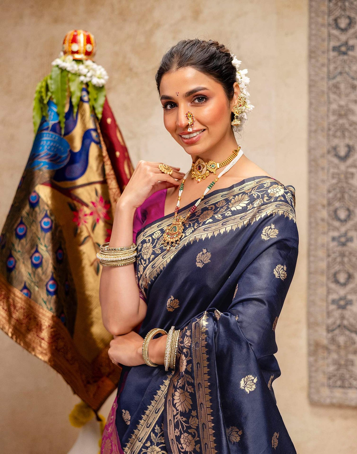 Navy Blue Silk Woven Paithani Saree