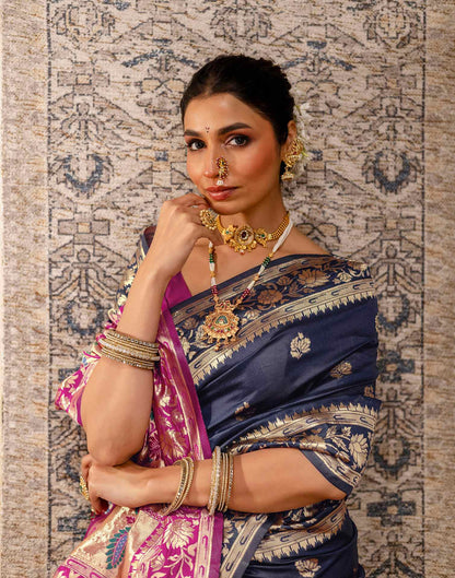 Navy Blue Silk Woven Paithani Saree