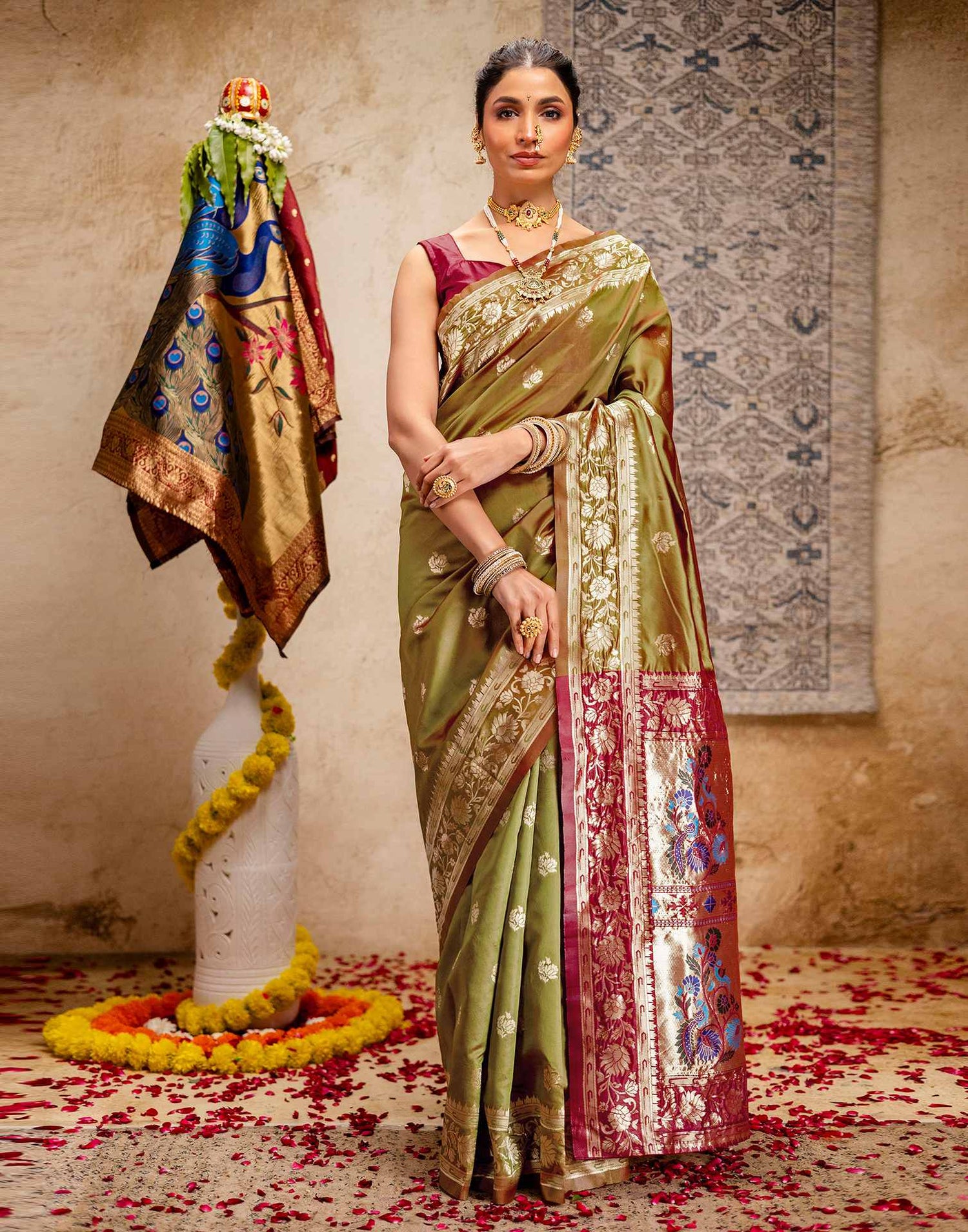 Olive Green Silk Woven Paithani Saree