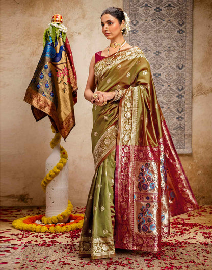 Olive Green Silk Woven Paithani Saree