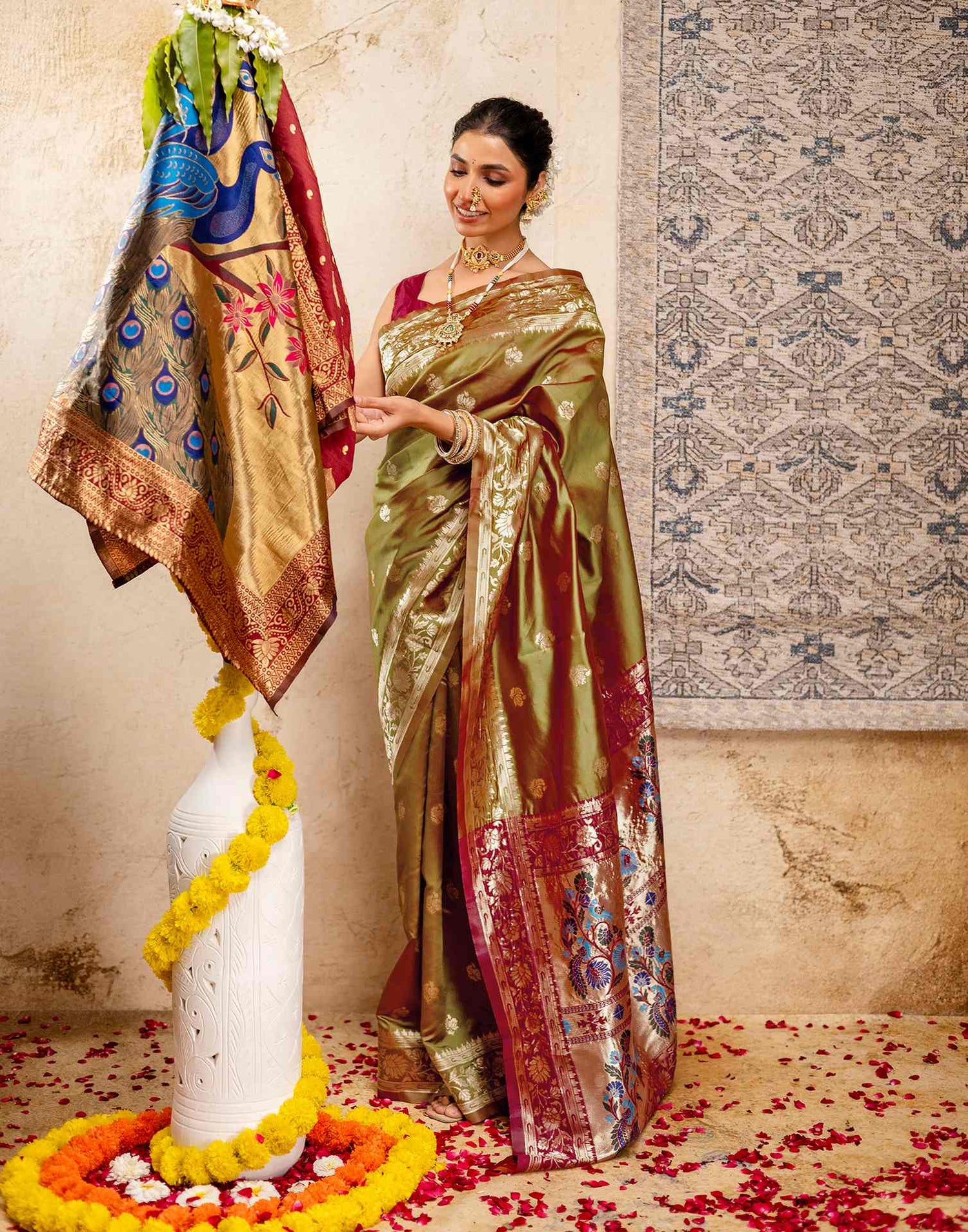 Olive Green Silk Woven Paithani Saree