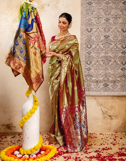 Olive Green Silk Woven Paithani Saree