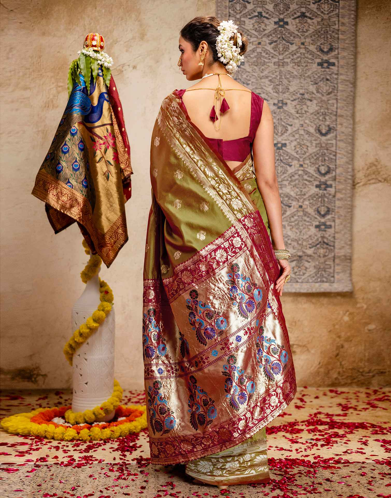 Olive Green Silk Woven Paithani Saree