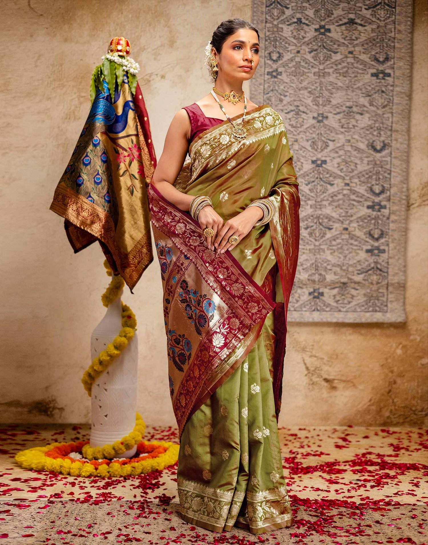 Olive Green Silk Woven Paithani Saree