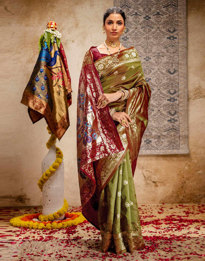Olive Green Silk Woven Paithani Saree