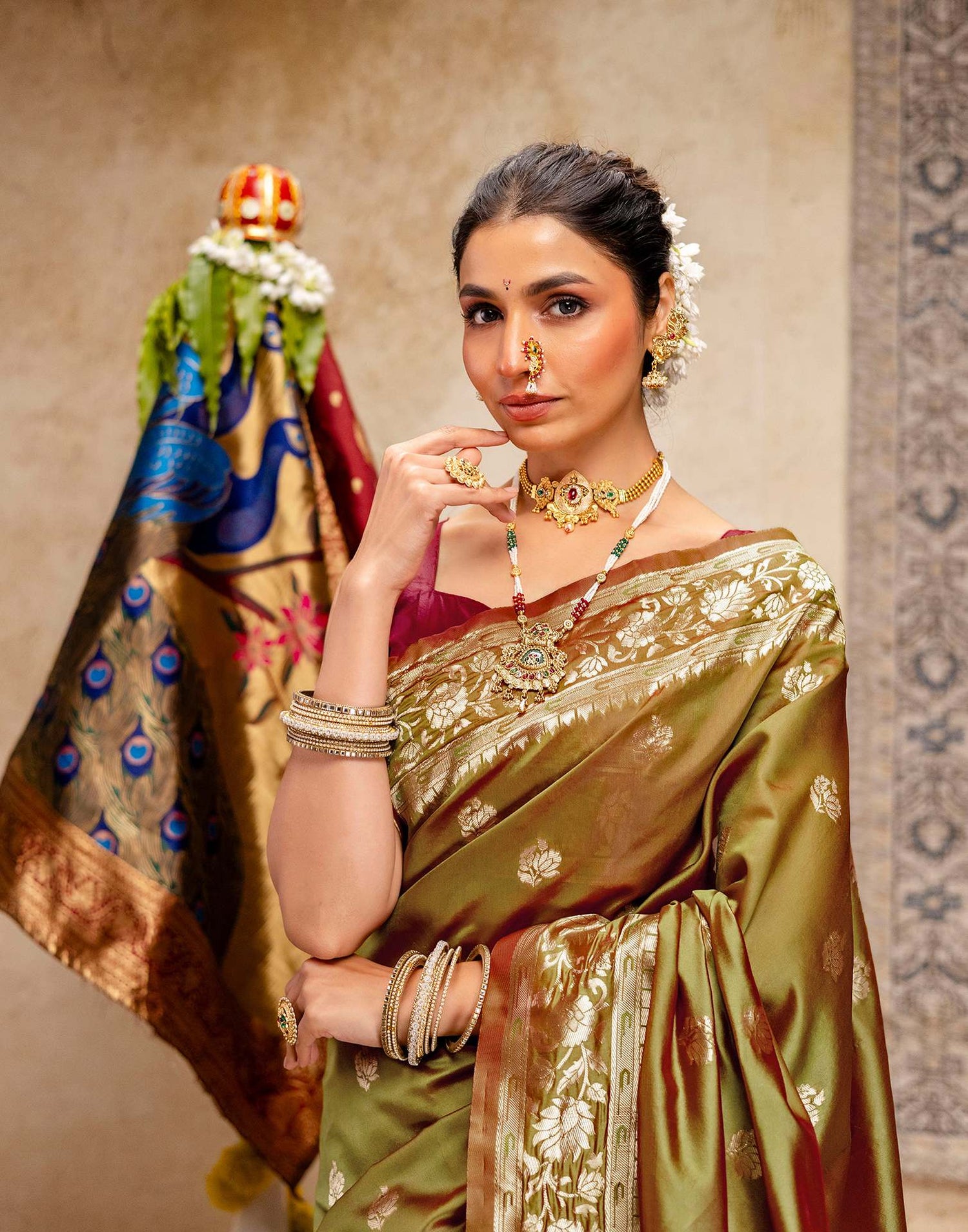 Olive Green Silk Woven Paithani Saree
