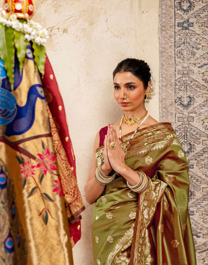 Olive Green Silk Woven Paithani Saree