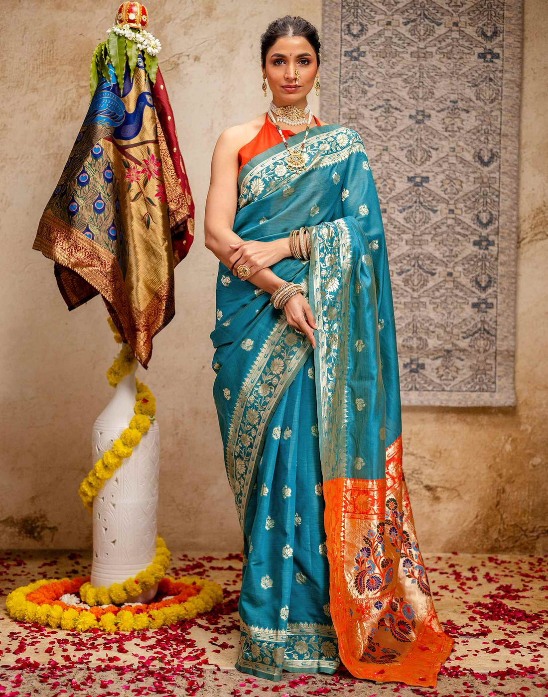 Teal Blue Silk Woven Paithani Saree