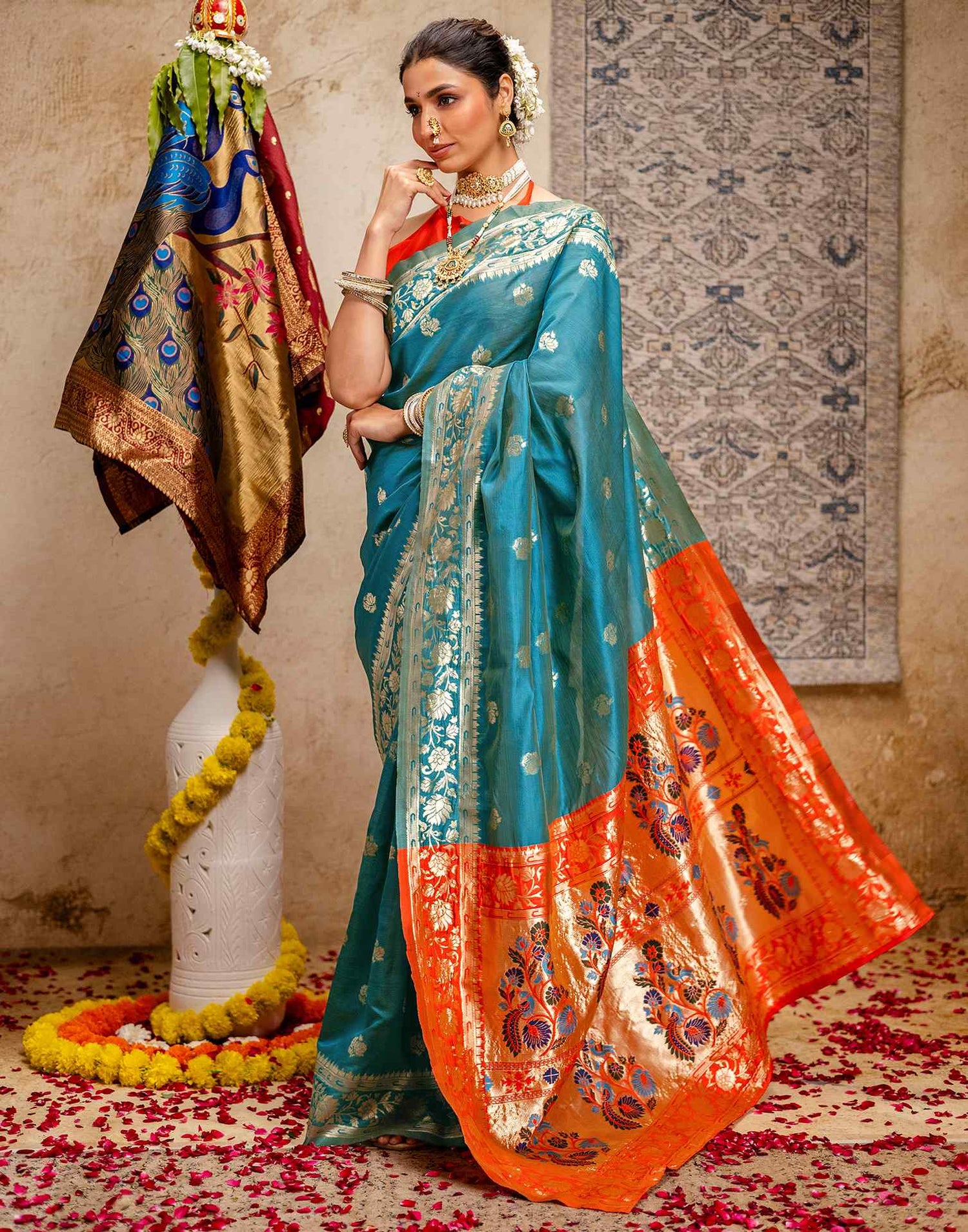 Teal Blue Silk Woven Paithani Saree