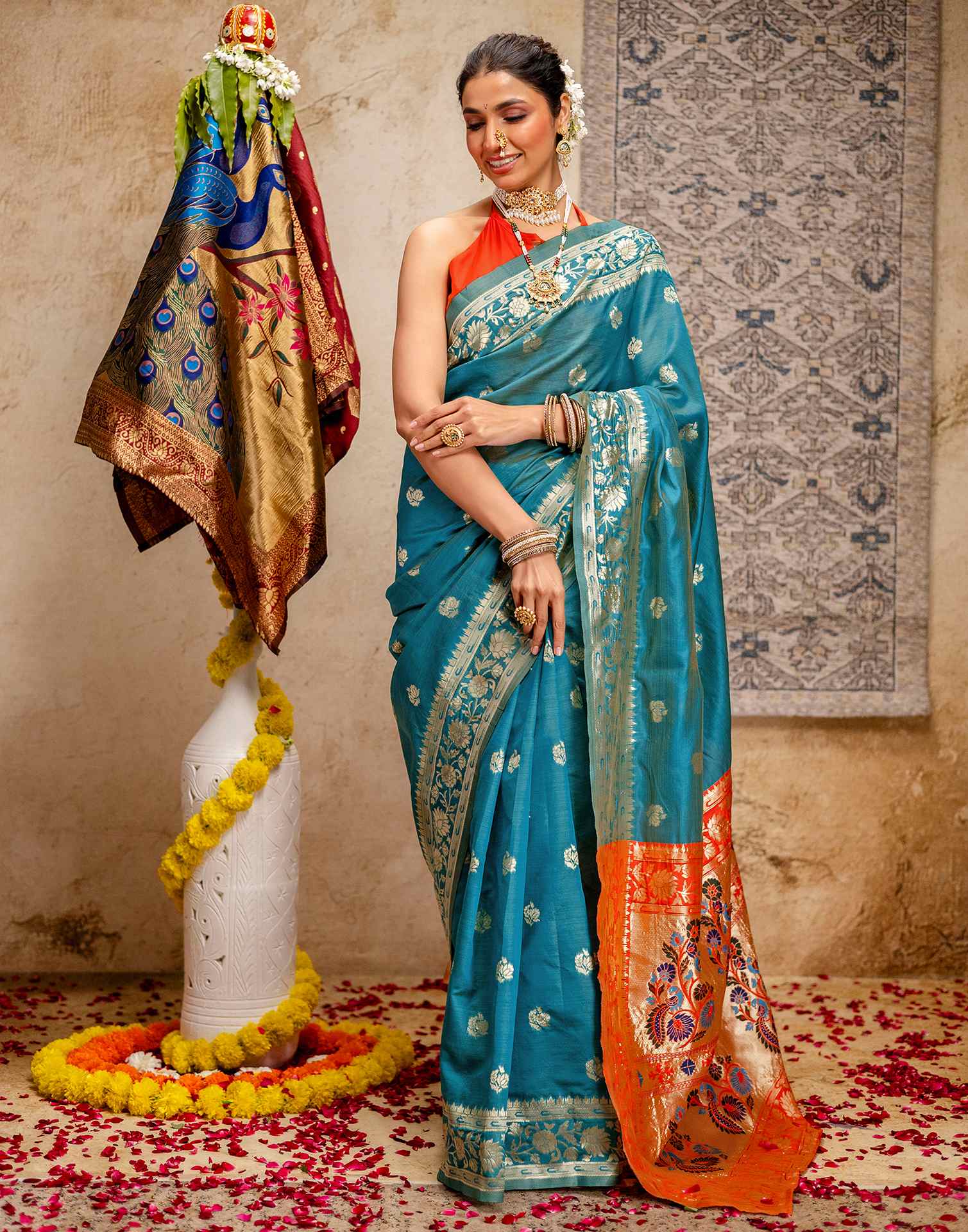 Teal Blue Silk Woven Paithani Saree