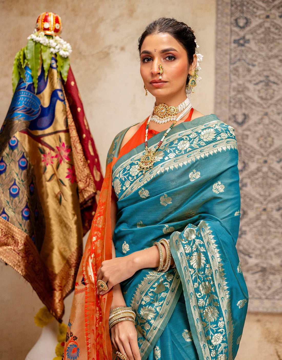 Teal Blue Silk Woven Paithani Saree