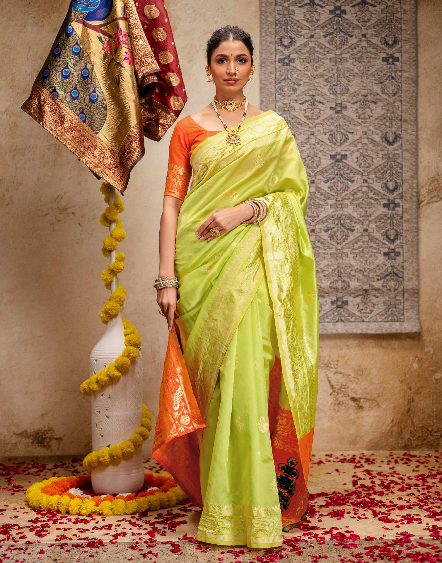 Lime Green Silk Woven Paithani Saree