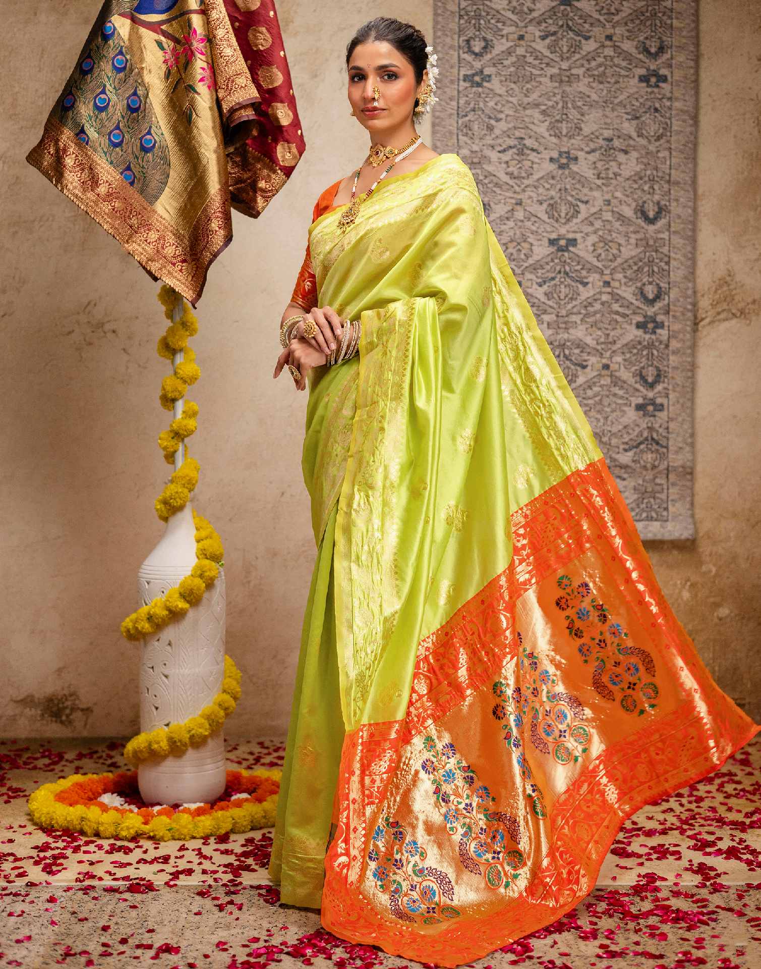 Lime Green Silk Woven Paithani Saree