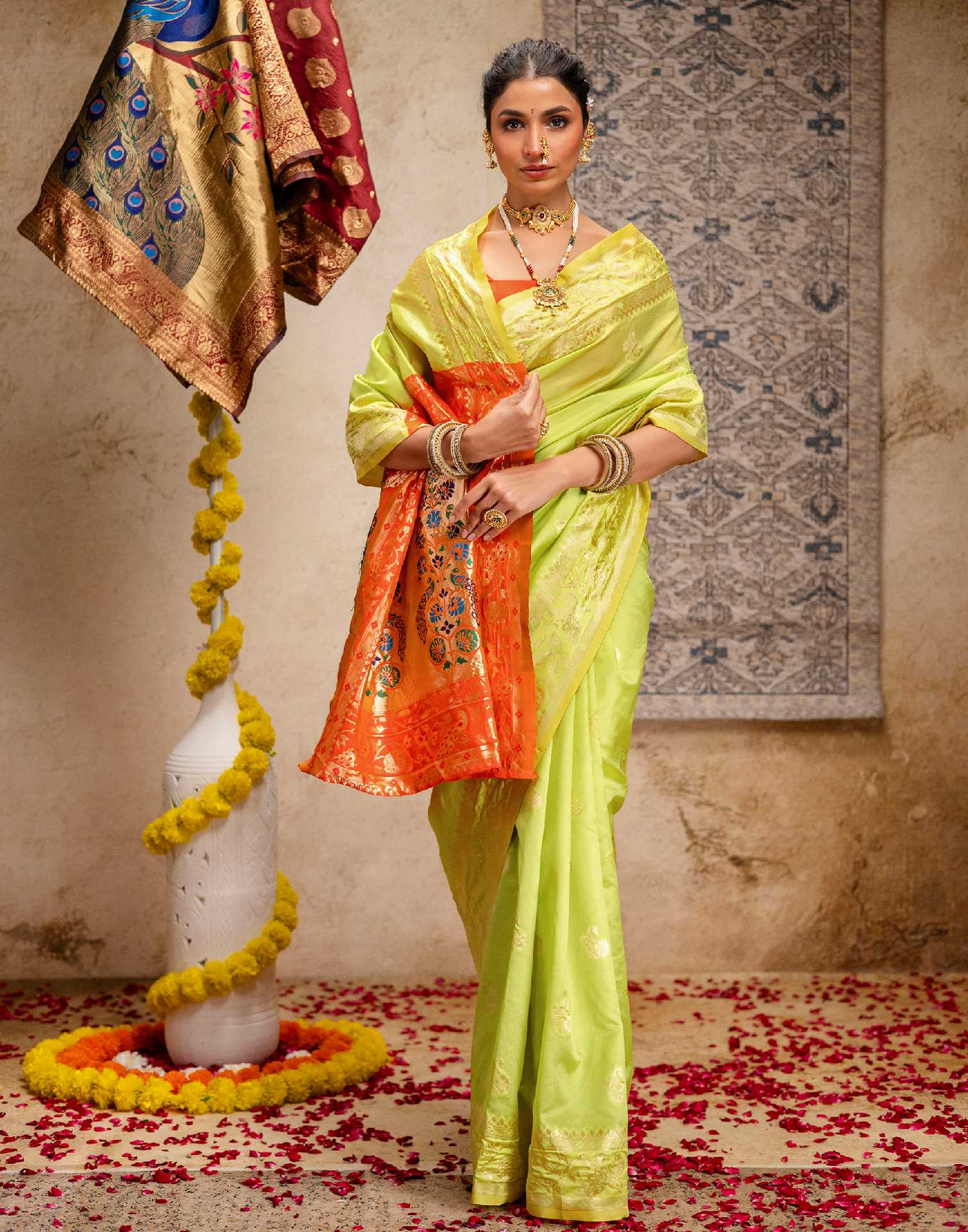 Lime Green Silk Woven Paithani Saree