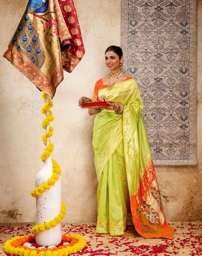 Lime Green Silk Woven Paithani Saree