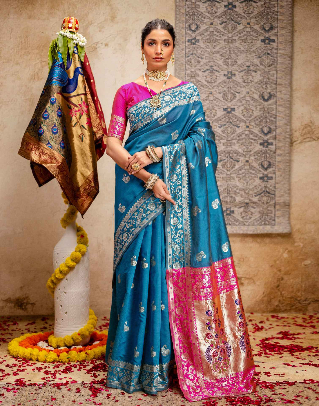 Teal Blue Silk Woven Paithani Saree