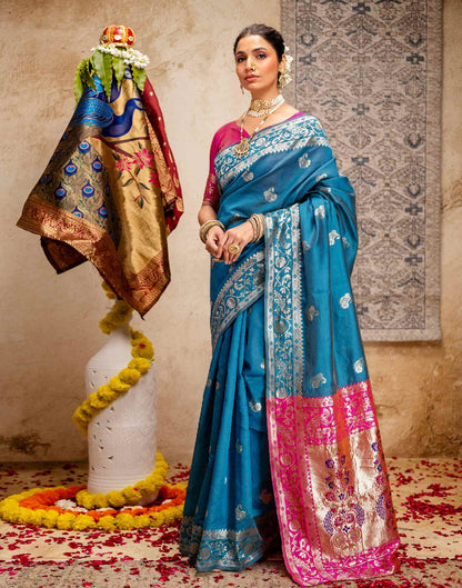 Teal Blue Silk Woven Paithani Saree