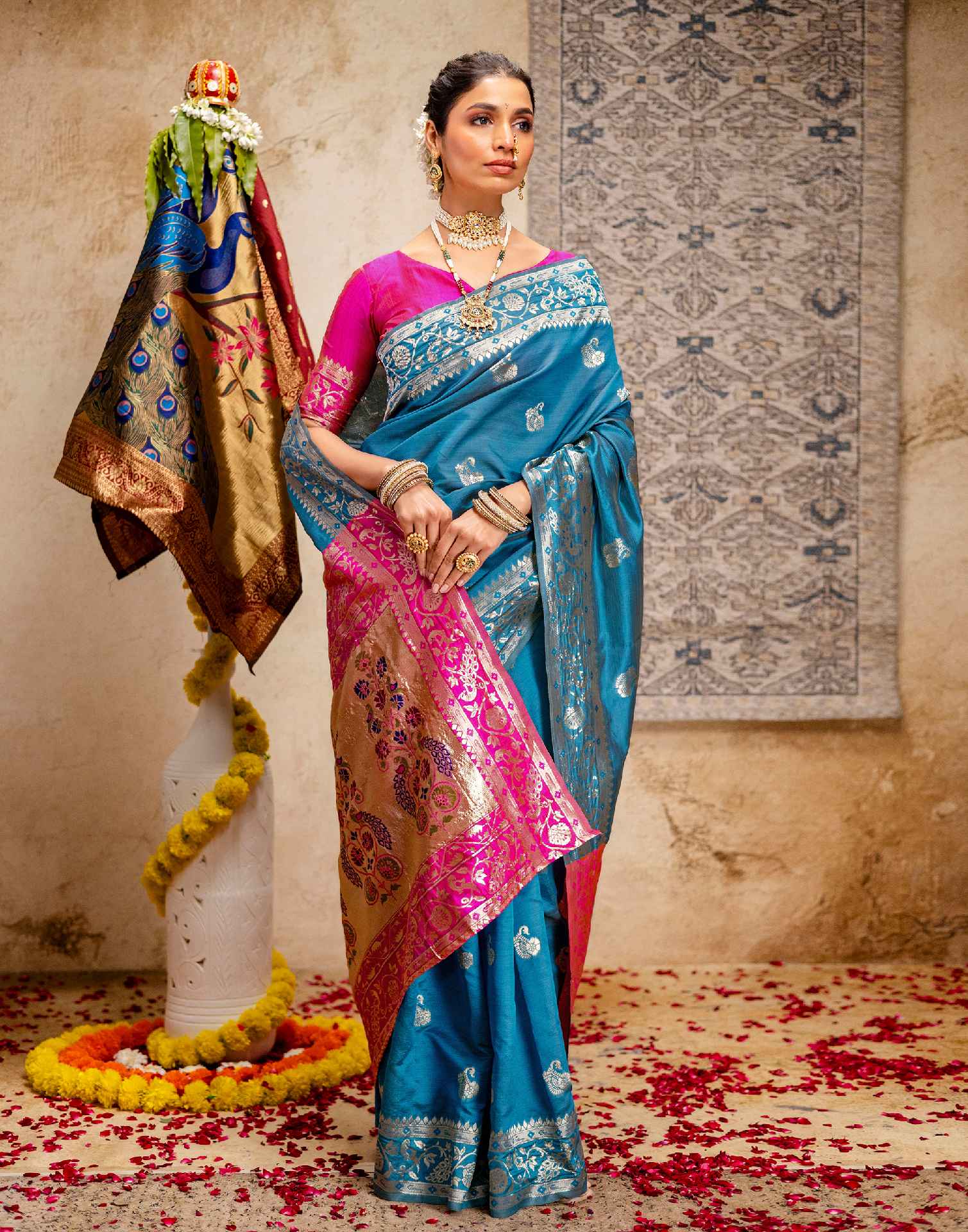 Teal Blue Silk Woven Paithani Saree