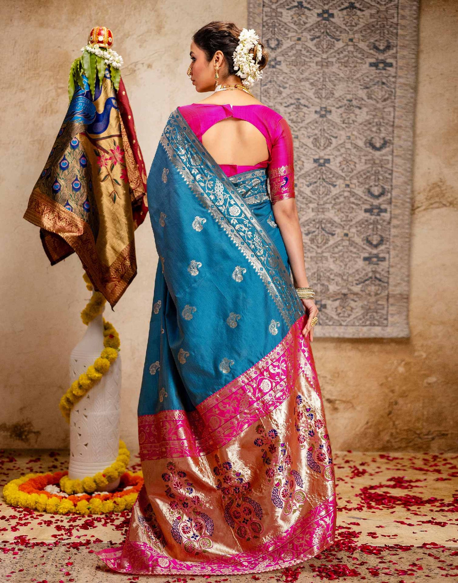 Teal Blue Silk Woven Paithani Saree