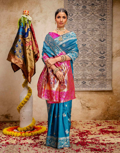 Teal Blue Silk Woven Paithani Saree