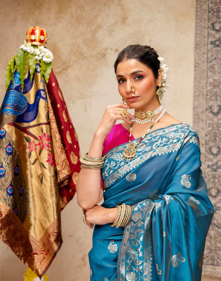 Teal Blue Silk Woven Paithani Saree