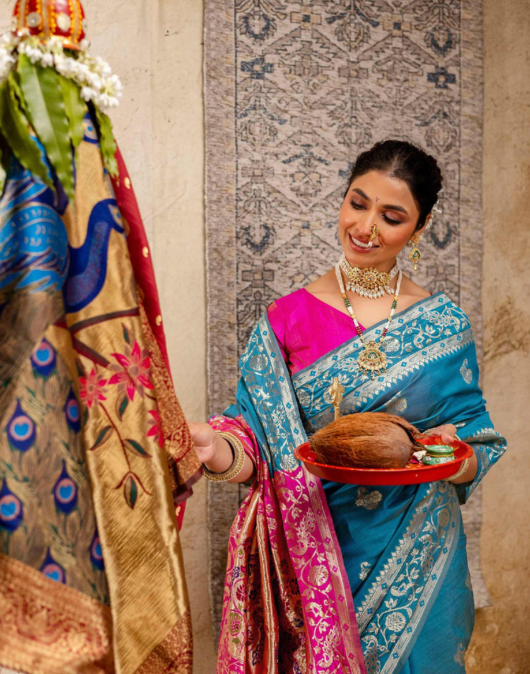 Teal Blue Silk Woven Paithani Saree