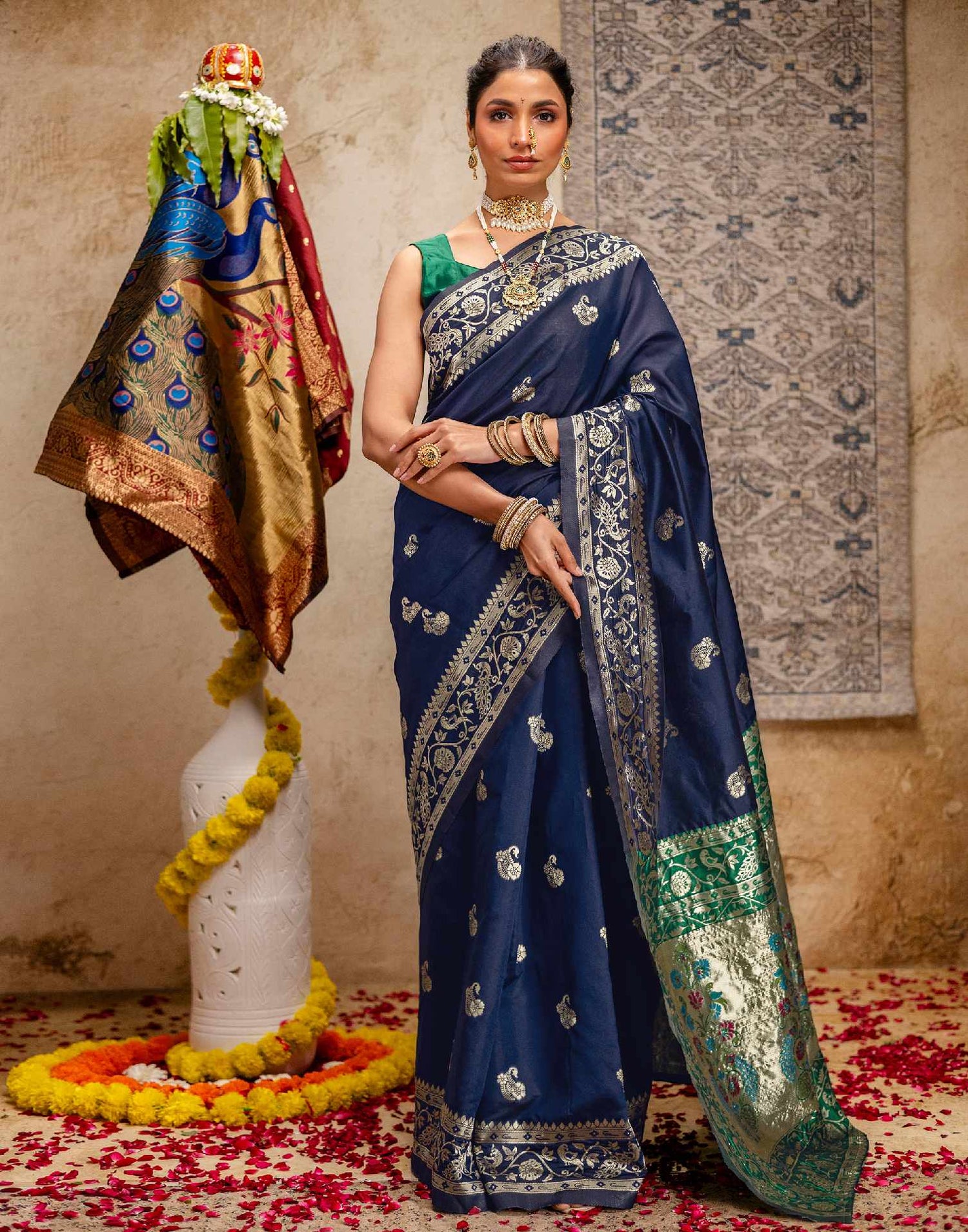 Navy Blue Silk Woven Paithani Saree
