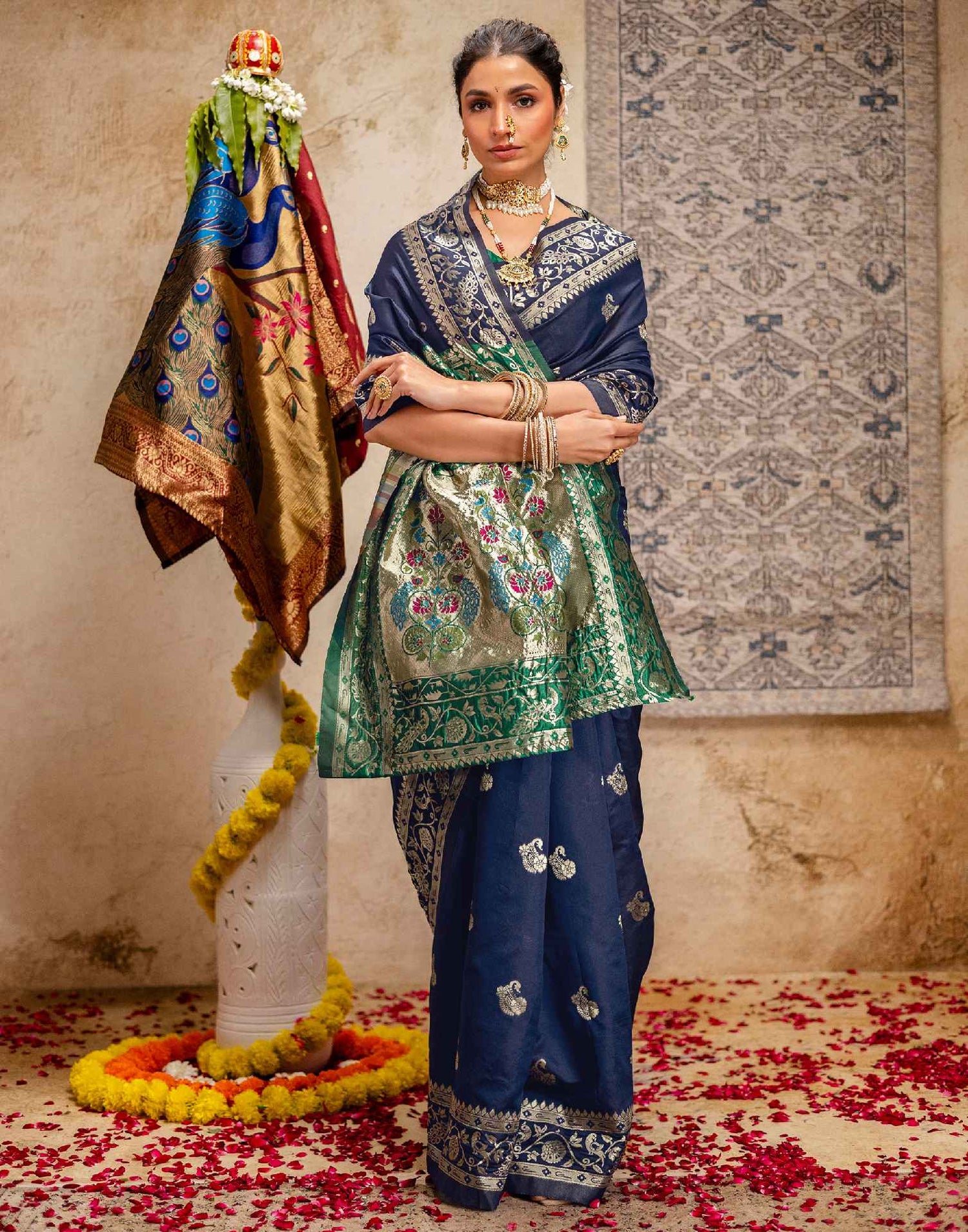 Navy Blue Silk Woven Paithani Saree