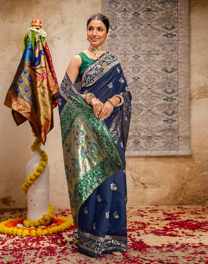 Navy Blue Silk Woven Paithani Saree