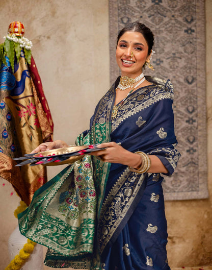Navy Blue Silk Woven Paithani Saree