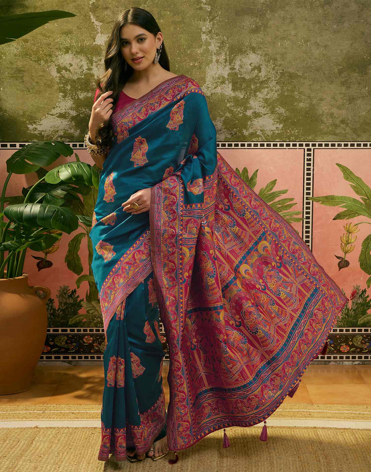 Teal Blue Silk Woven Kalamkari Saree