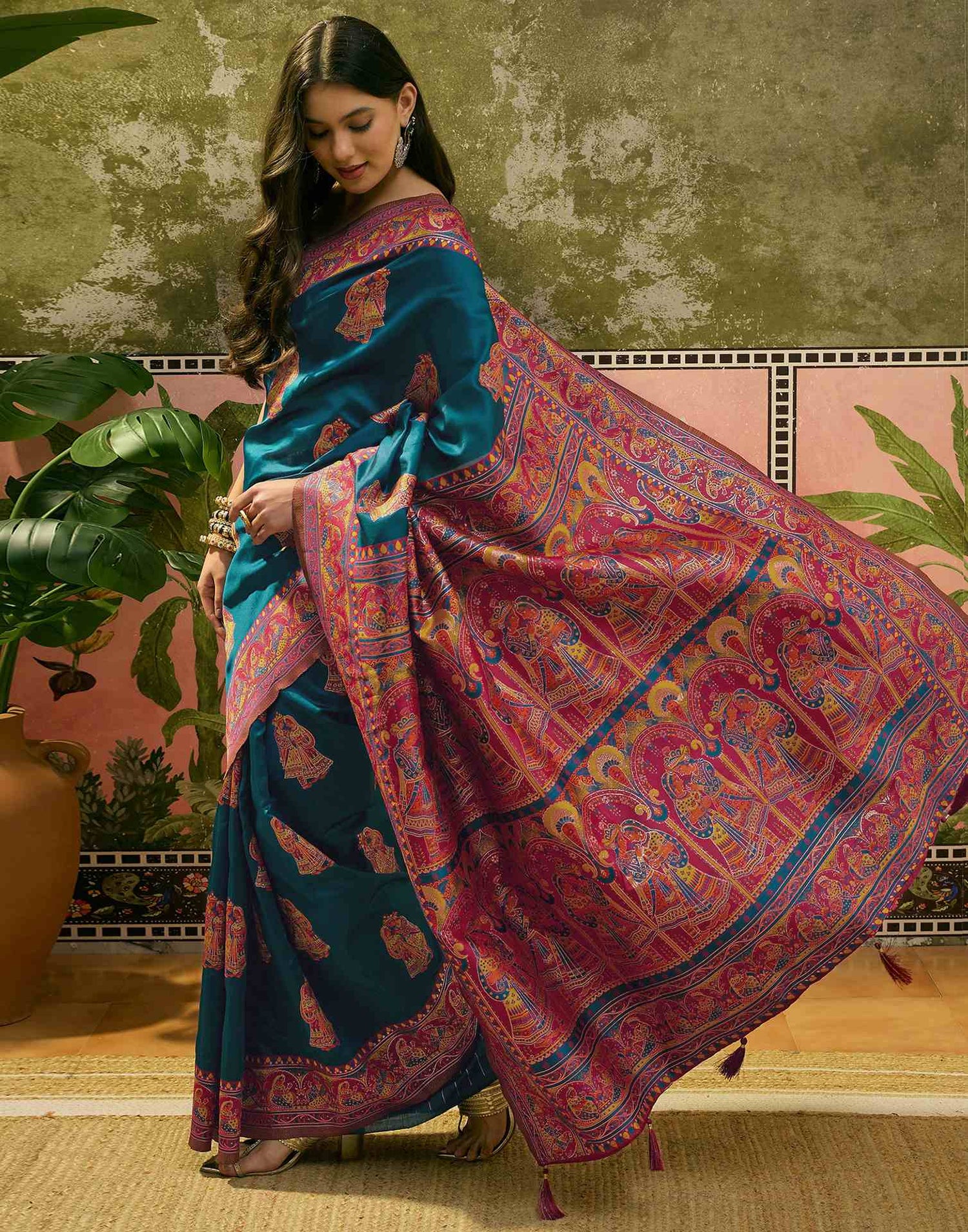 Teal Blue Silk Woven Kalamkari Saree