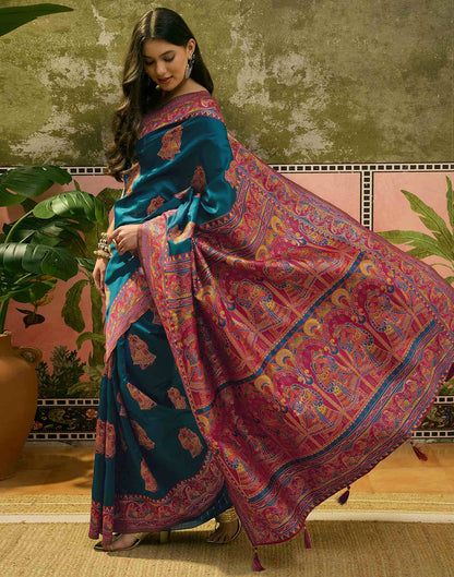 Teal Blue Silk Woven Kalamkari Saree
