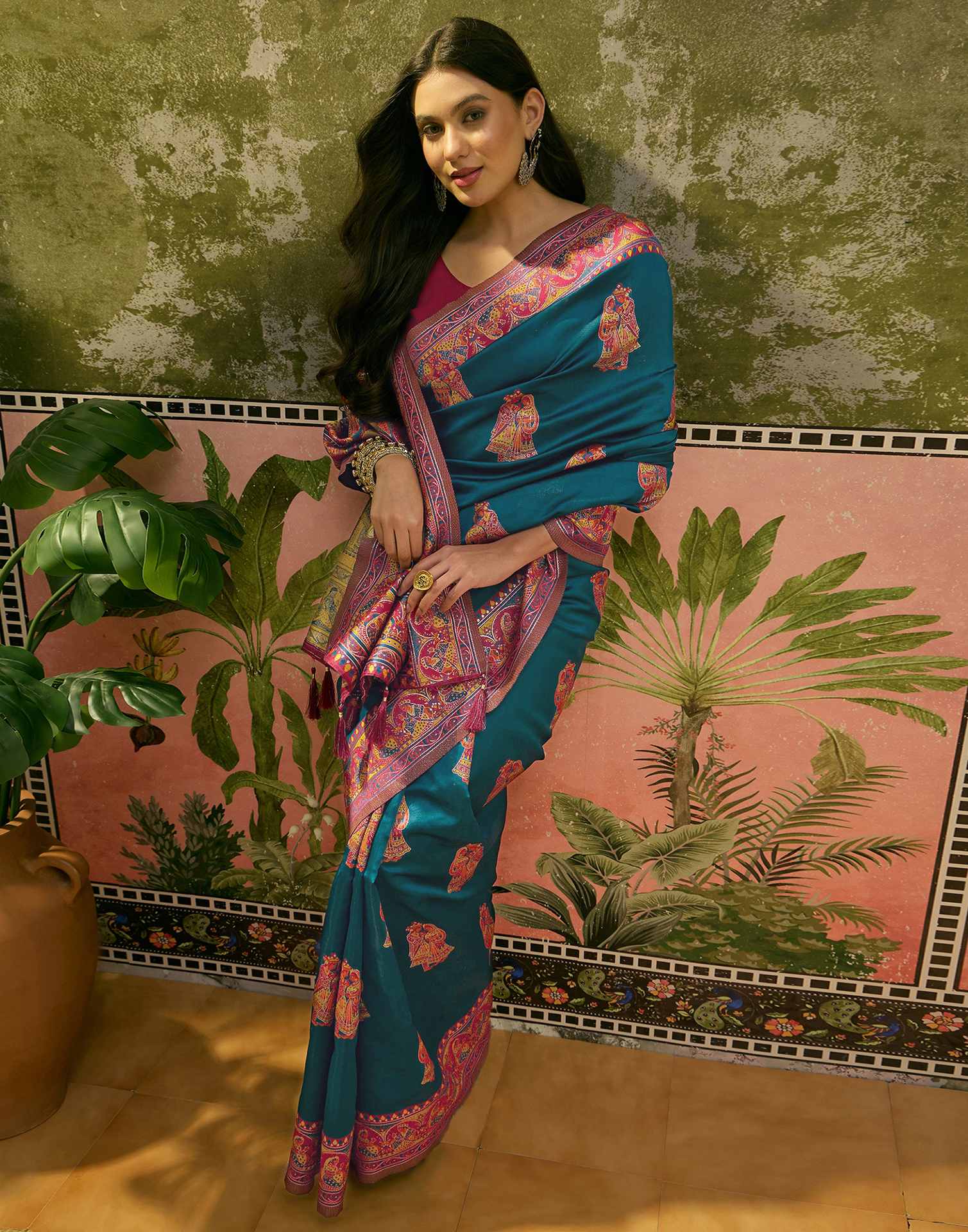 Teal Blue Silk Woven Kalamkari Saree