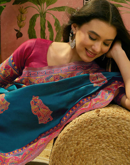 Teal Blue Silk Woven Kalamkari Saree