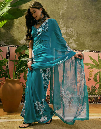 Teal Blue Georgette Floral Printed Saree