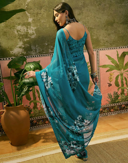 Teal Blue Georgette Floral Printed Saree