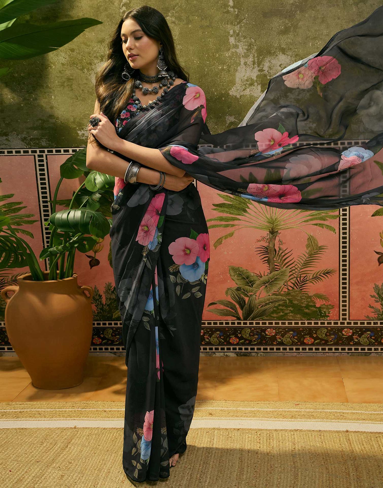 Black Georgette Floral Printed Saree