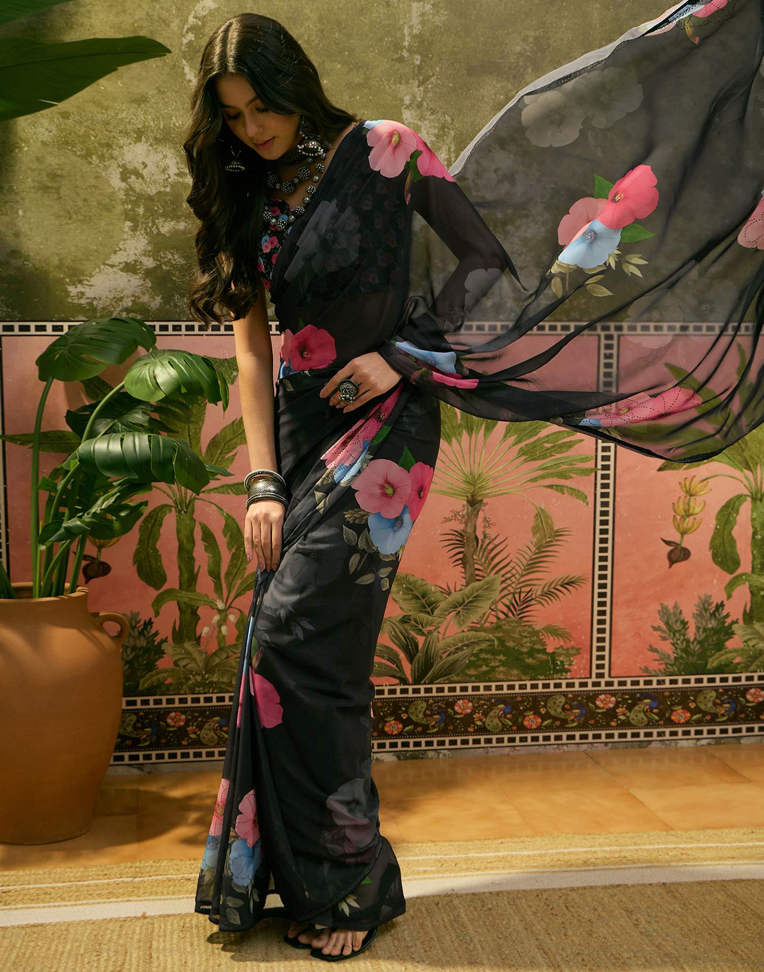 Black Georgette Floral Printed Saree