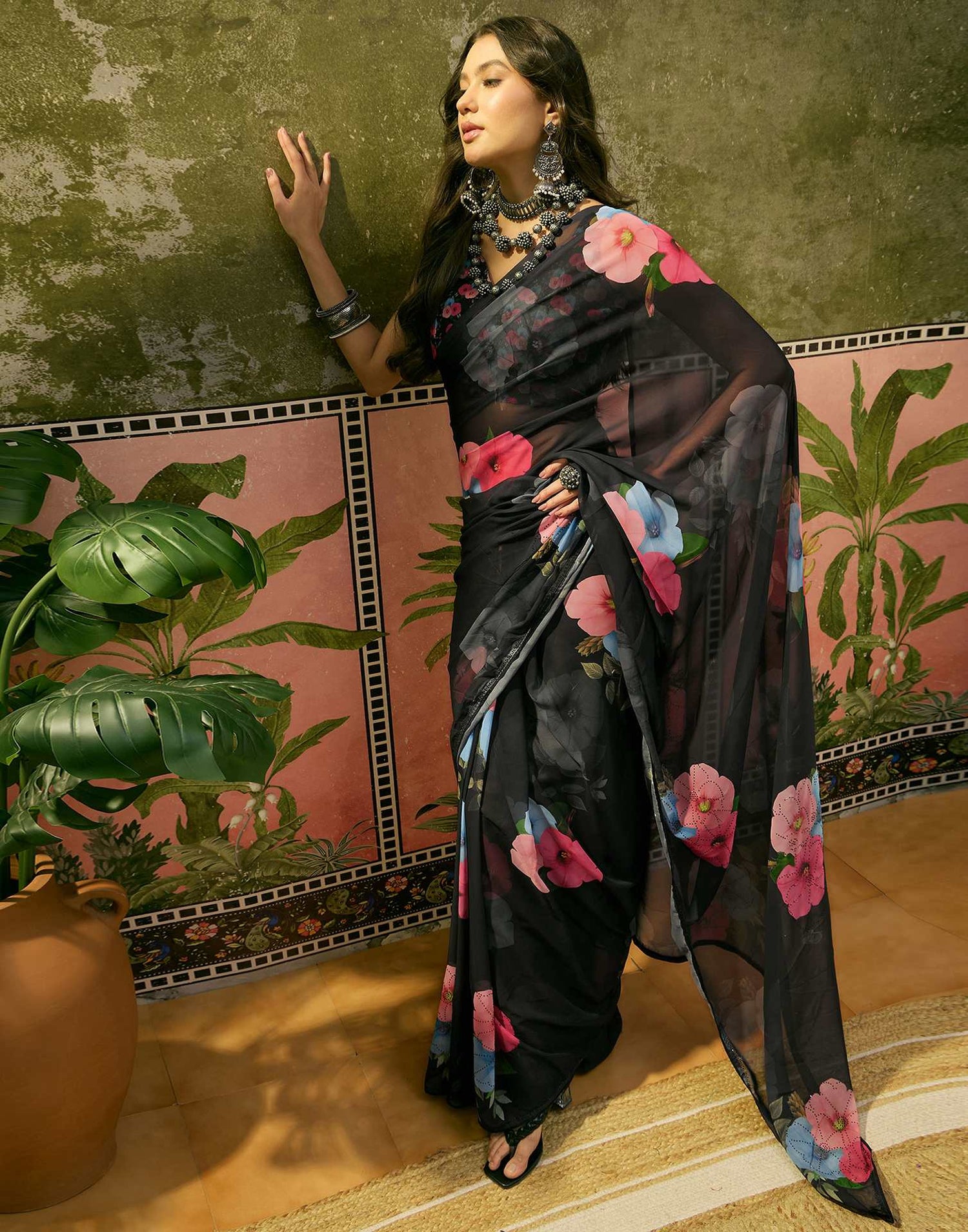 Black Georgette Floral Printed Saree