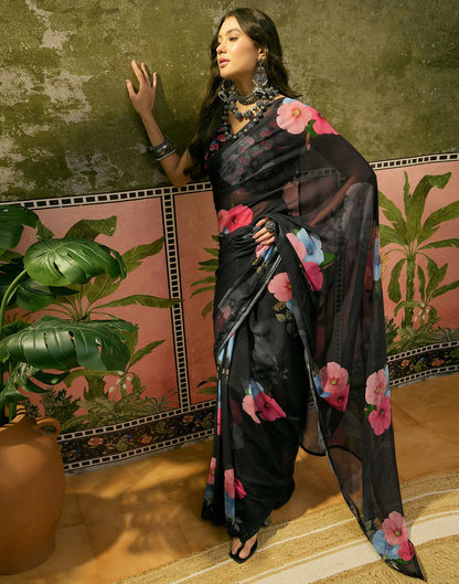 Black Georgette Floral Printed Saree