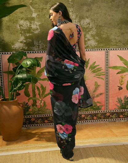 Black Georgette Floral Printed Saree