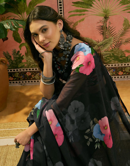 Black Georgette Floral Printed Saree