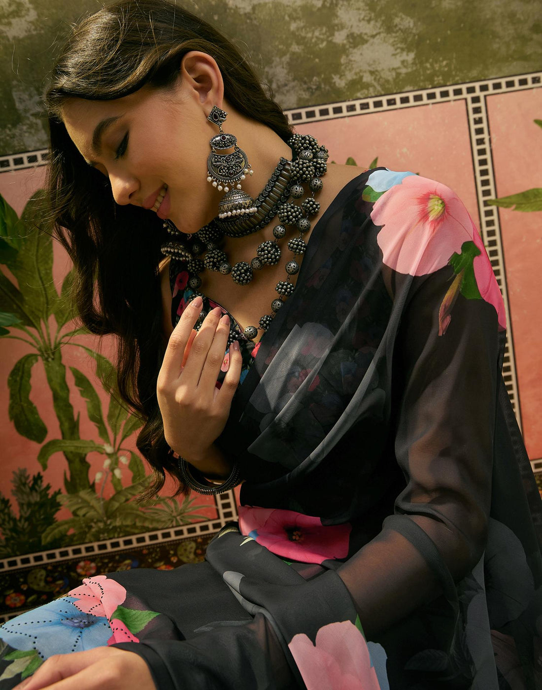 Black Georgette Floral Printed Saree