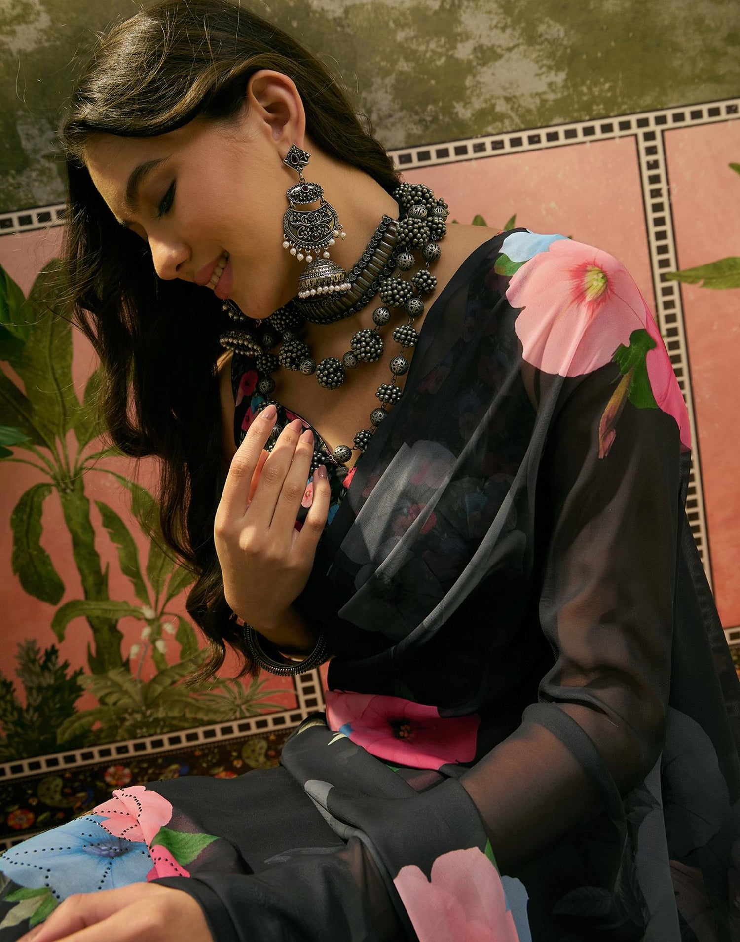 Black Georgette Floral Printed Saree