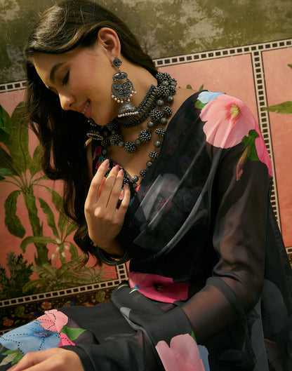 Black Georgette Floral Printed Saree
