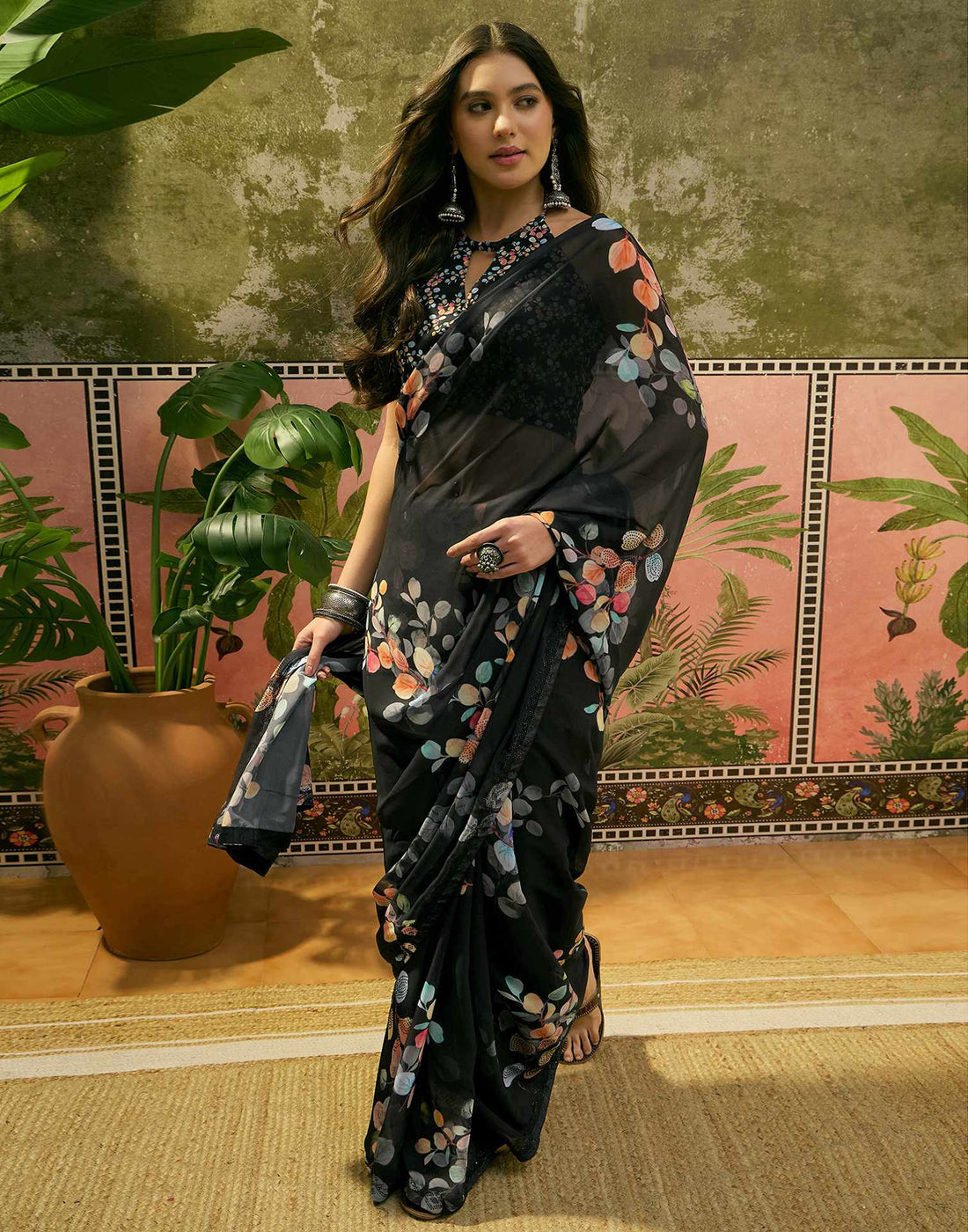Black Georgette Floral Printed Saree