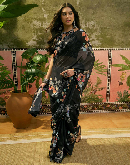 Black Georgette Floral Printed Saree