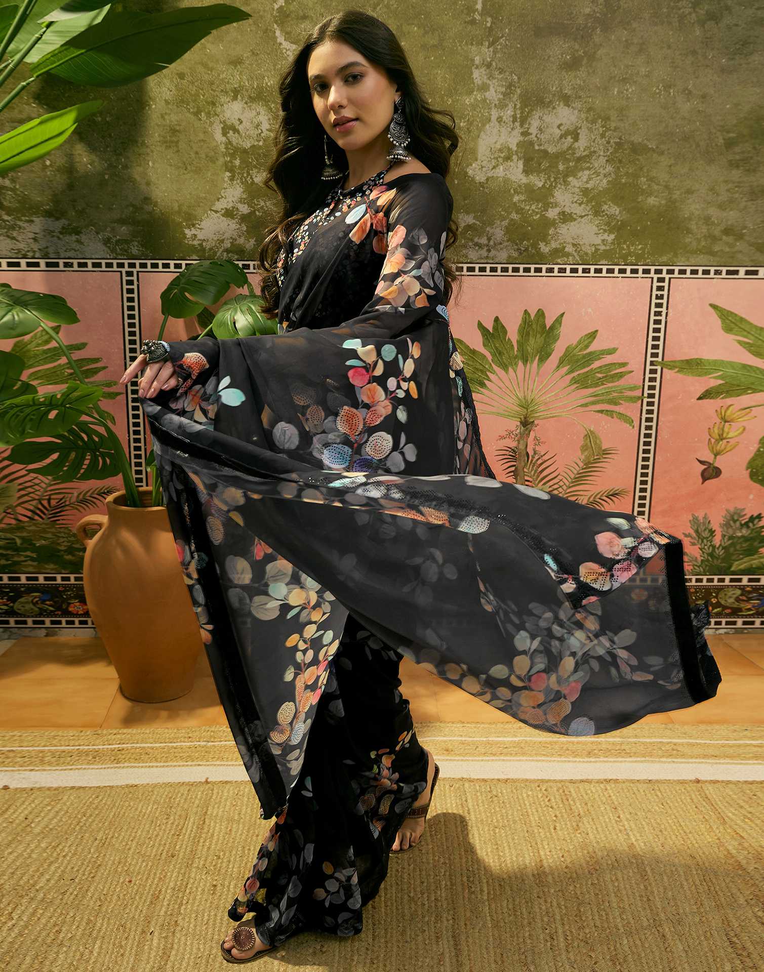 Black Georgette Floral Printed Saree